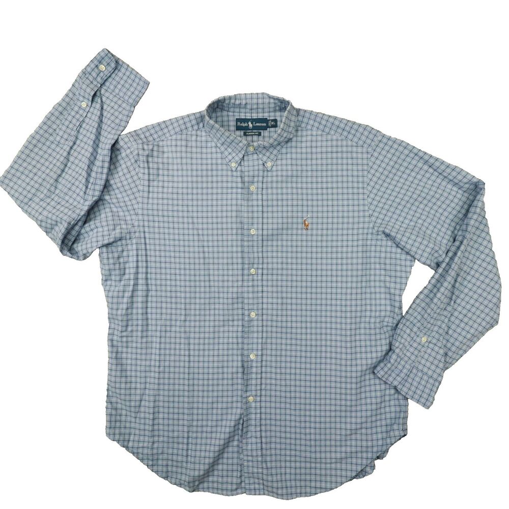 Ralph Lauren Vintage Men's Blue Plaid Classic Fit Button Up Shirt size XL